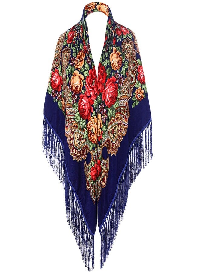LOVNBHELP Russian Style Muffler Warm Scarf Women's Traditional Scarves Wrap Tassel Shawl Fringes Neck Head Shawl Retro Scarf/Royal Blue - Image 1
